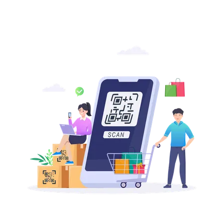 People Doing Barcode Scan For Digital Shopping  Illustration