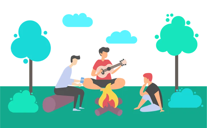 Friends Sitting On Log And Grass Near Bonfire Man Playing Guitar People Leisure In Forest Or Park Trees And Bushes Cloudy Weather Nature Vector Illustration