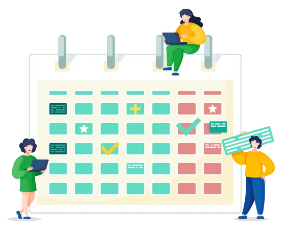 Businessman Works On Laptop Time Management And Process Organization Concept People Near Calendar Try To Arrange Data Weekly Vector Illustration Data Analysis Process Male With Chat Blog Illustration