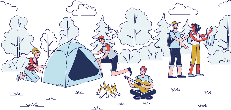 People doing camping in the forest Illustration