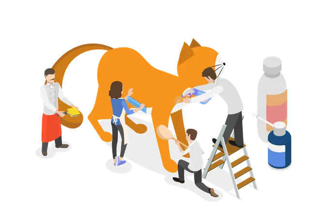 3 D Isometric Flat Vector Illustration Of Cat Grooming Pet Care Health And Hygiene Illustration