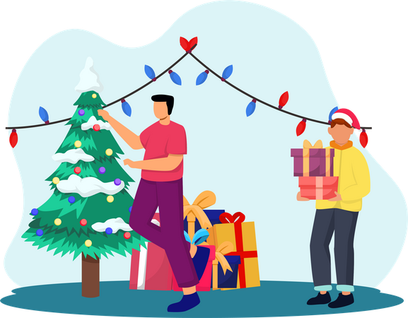 People doing Christmas decoration  Illustration