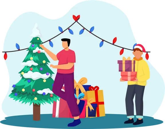 People doing Christmas decoration  Illustration