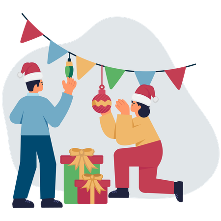 People doing christmas decoration  Illustration