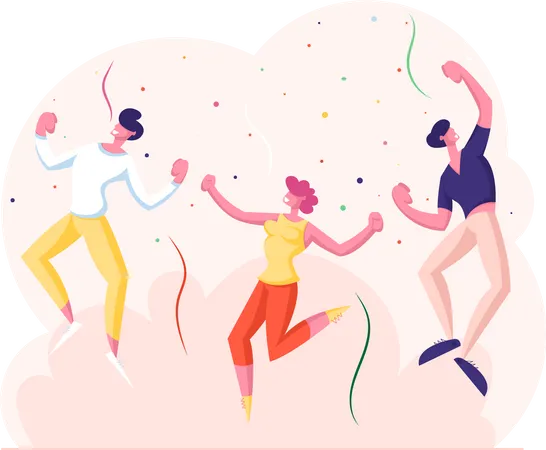 Happy Young People Having Party Joyful Male And Female Characters Dance And Jumping With Hands Up In Decorated Room With Confetti Flying Around Holidays Celebration Cartoon Flat Vector Illustration Illustration