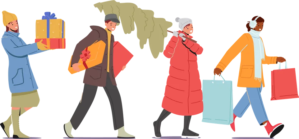 People doing christmas shopping  Illustration