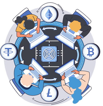 暗号通貨のマイニングを行う人々  イラスト