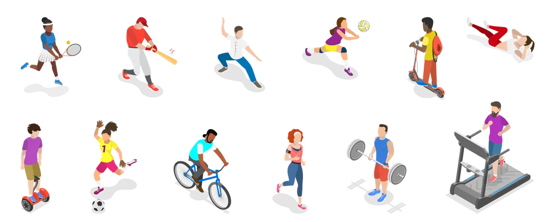 3 D Isometric Flat Vector Set Of Different Physical Activities Healthy Activity And Lifestyle Illustration