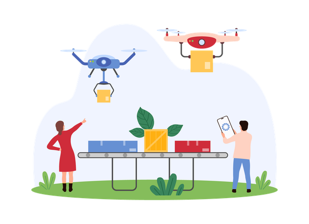 People doing drone delivery from warehouse  Illustration