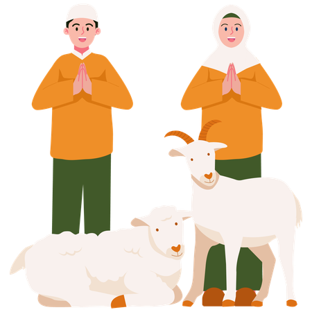 動物たちと一緒にイードの祈りをする人々  イラスト