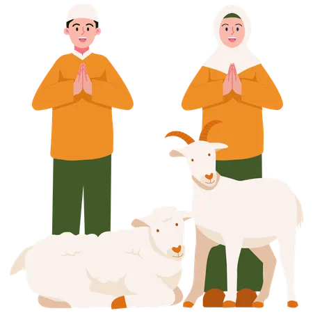 動物たちと一緒にイードの祈りをする人々  イラスト