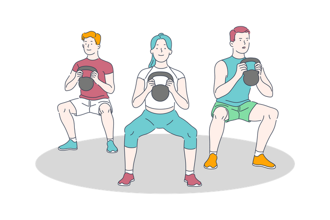 People doing exercise at gym by lifting weight ball  イラスト