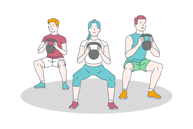 People doing exercise at gym by lifting weight ball  Illustration