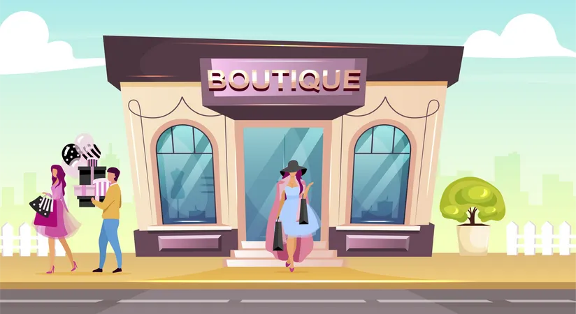 Boutique Front Flat Color Vector Illustration Woman Buying Clothes In Premium Shop Luxury Fashion Store For Garment Purchase Modern 2 D Cartoon Cityscape With Customers On Background イラスト