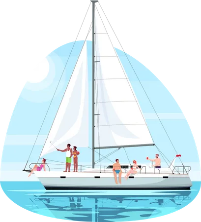 Multicultural Group On Regatta Semi Flat Vector Illustration People Rest On Boat Trip On Luxury Ship Private Yacht For Voyage Summer Recreation 2 D Cartoon Characters For Commercial Use 일러스트레이션