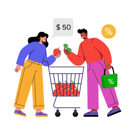 割引タグを使って食料品の買い物をする人々  イラスト