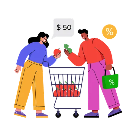 割引タグを使って食料品の買い物をする人々  イラスト