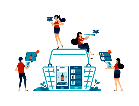 People doing grocery shopping with mobile apps  Illustration