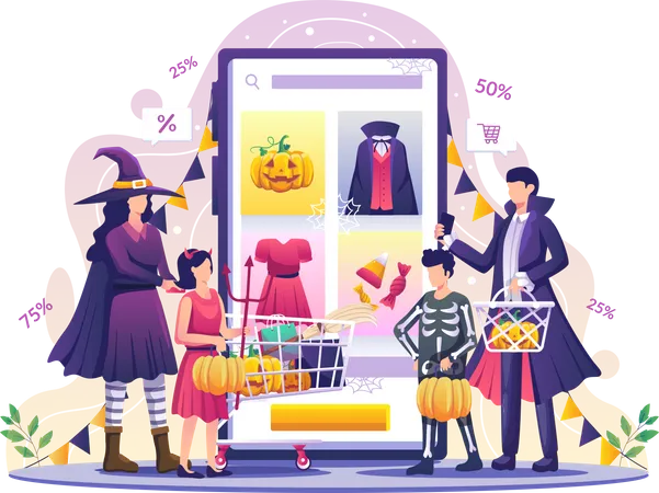 People doing Halloween shopping Illustration
