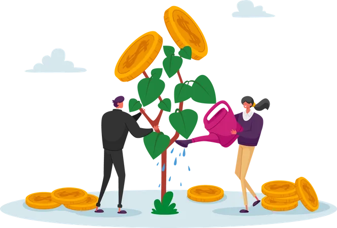 Business Man And Woman Characters Watering Money Tree Growing Wealth Capital For Refund Care Of Plant With Gold Coins On Branch Roi Return On Investment Concept Cartoon People Vector Illustration Illustration