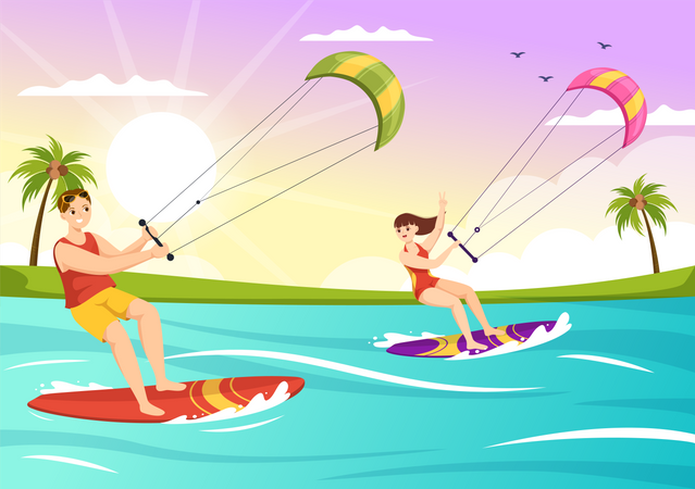 People Doing Kiteboard in the Sea  Illustration