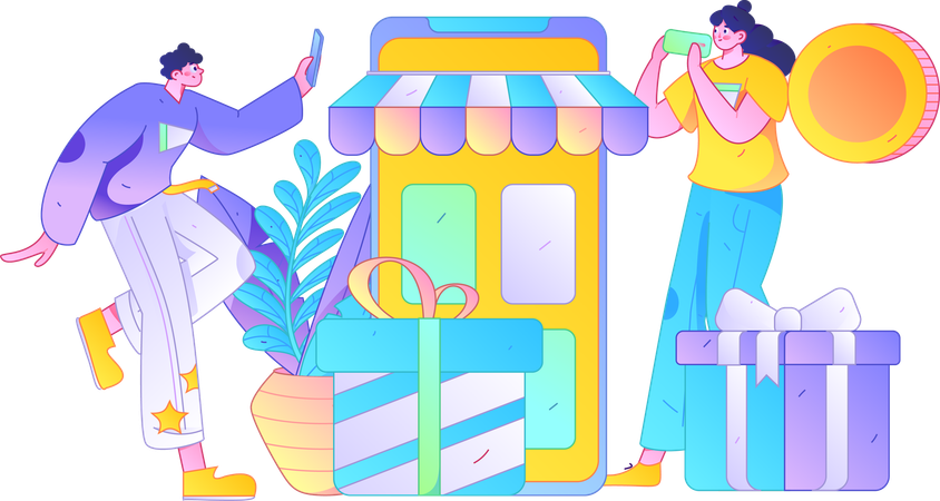 People doing mobile shopping  Illustration