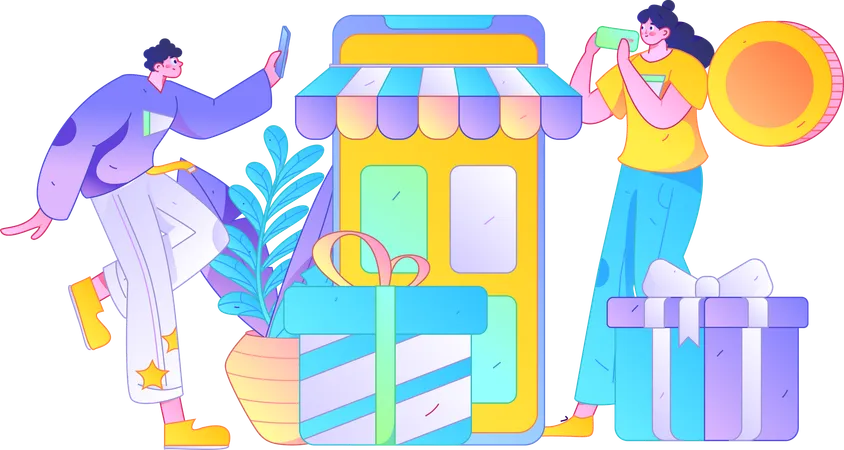 People doing mobile shopping  Illustration