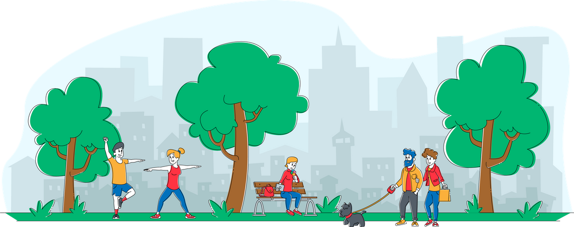 People doing morning activities in the park  Illustration