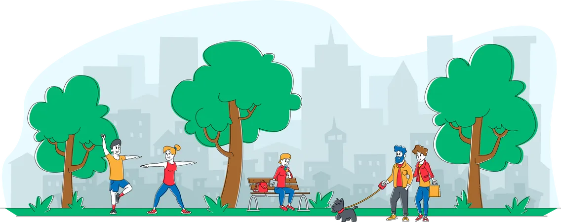 People doing morning activities in the park  Illustration