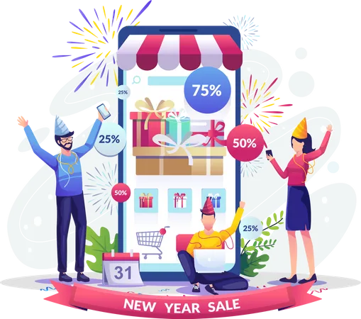 People Do Shopping Online Through Their Gadgets Near A Giant Smartphone New Year Shopping Sale And Discount Concept Design Vector Illustration Illustration