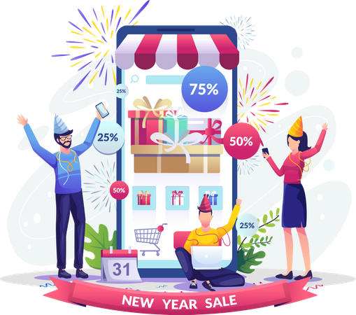 People doing New Year online shopping  Illustration