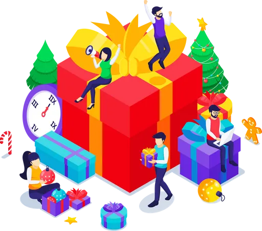 Happy People Celebrate The New Year With Gift Boxes Christmas Tree Decorations Happy New Year Design Concept Isometric Vector Illustration Illustration