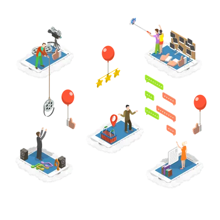 Social Network Isometric Flat Vector Illustration People Are Standing On Their Phones In The Clouds And Interact In Different Ways Push Like Rate Content Exchange By Photo And Video Chatting Illustration