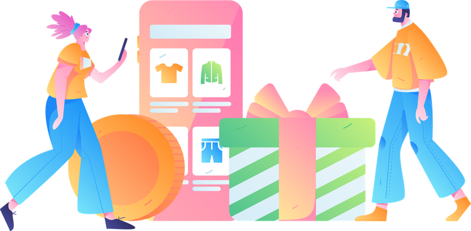 People doing online gift shopping  Illustration