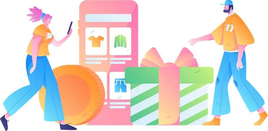 People doing online gift shopping  Illustration