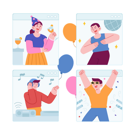 People doing Online Party Illustration
