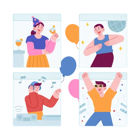 People doing Online Party  Illustration