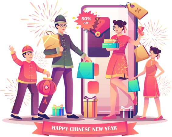 People doing online shopping for chinese new year Illustration