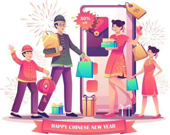 People doing online shopping for chinese new year  Illustration