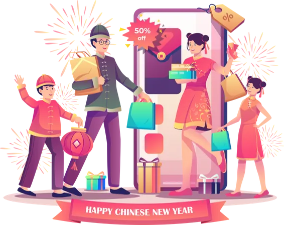 People doing online shopping for chinese new year  Illustration