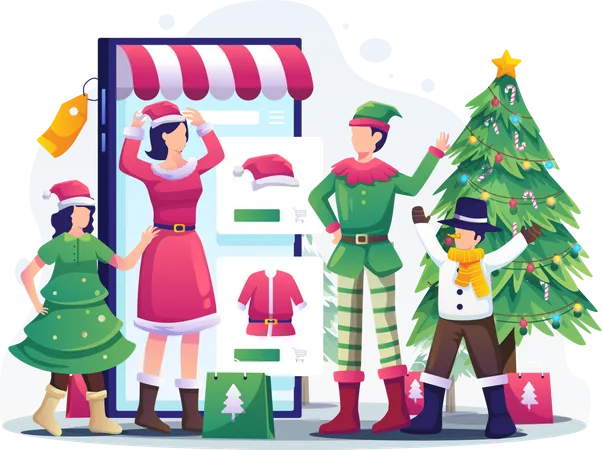 People doing online shopping of Christmas outfits Illustration