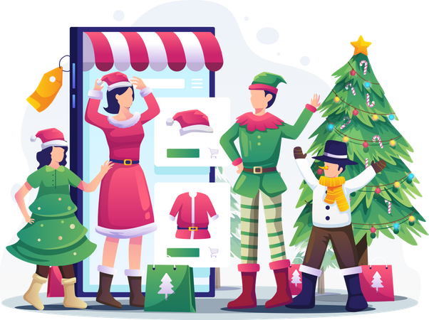 People doing online shopping of Christmas outfits  Illustration