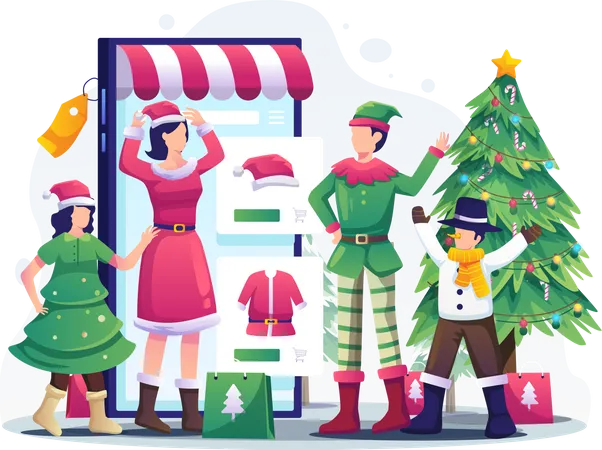 People doing online shopping of Christmas outfits  Illustration