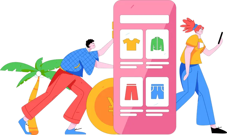 People Doing Online Shopping on Mobile  Illustration