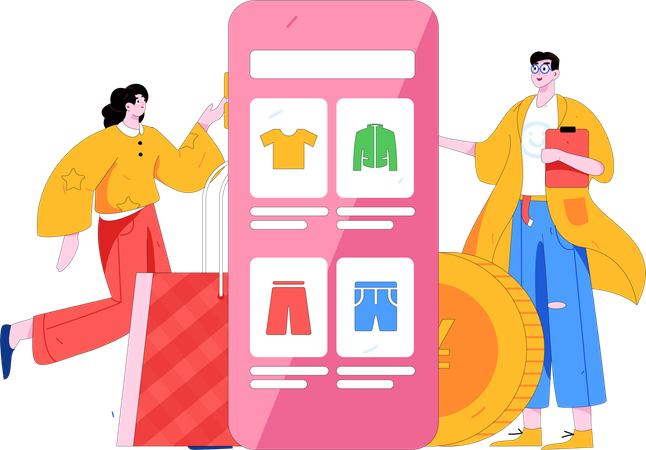 People Doing Online Shopping On Mobile  Illustration