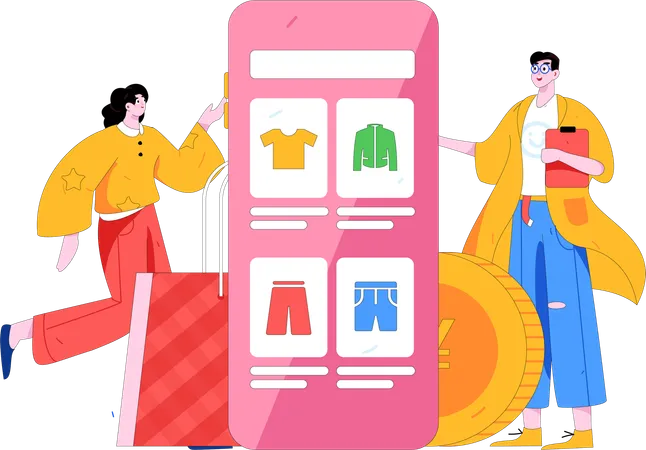 People Doing Online Shopping On Mobile  Illustration