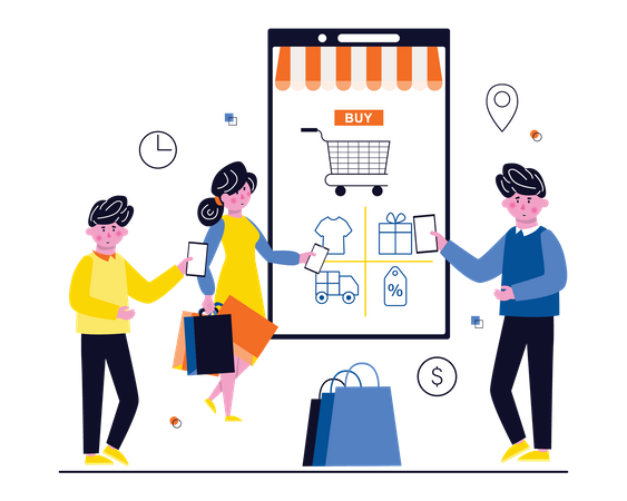 People doing online Shopping via mobile  Illustration