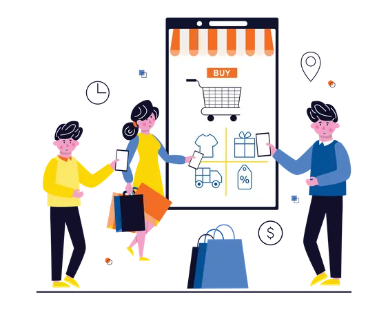 People doing online Shopping via mobile  Illustration