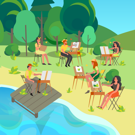 People doing painting at beach Illustration