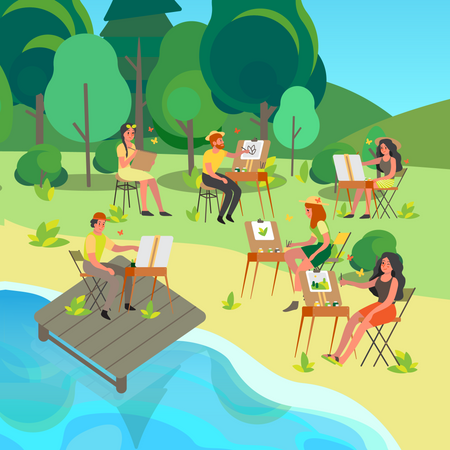 People doing painting at beach  Illustration